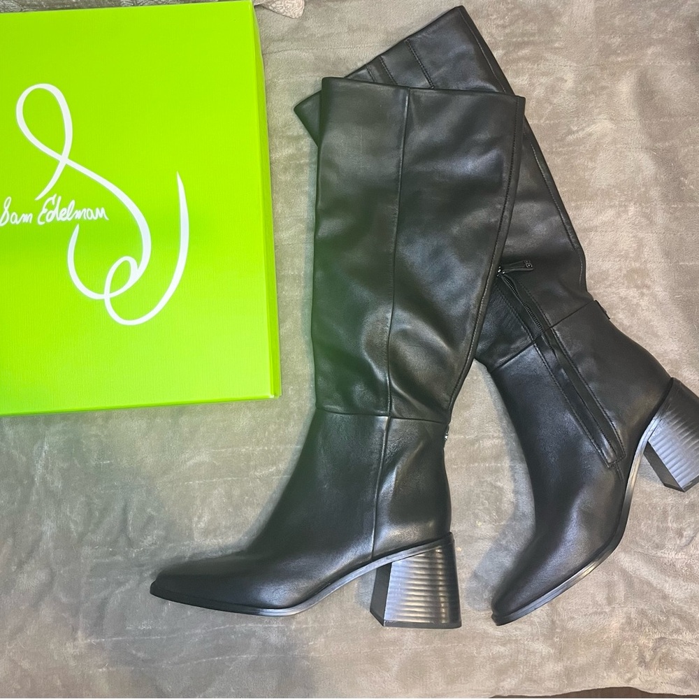 Sam Edelman Black Ankle Boots with Chunky Block Heel and Smooth Finish size 8